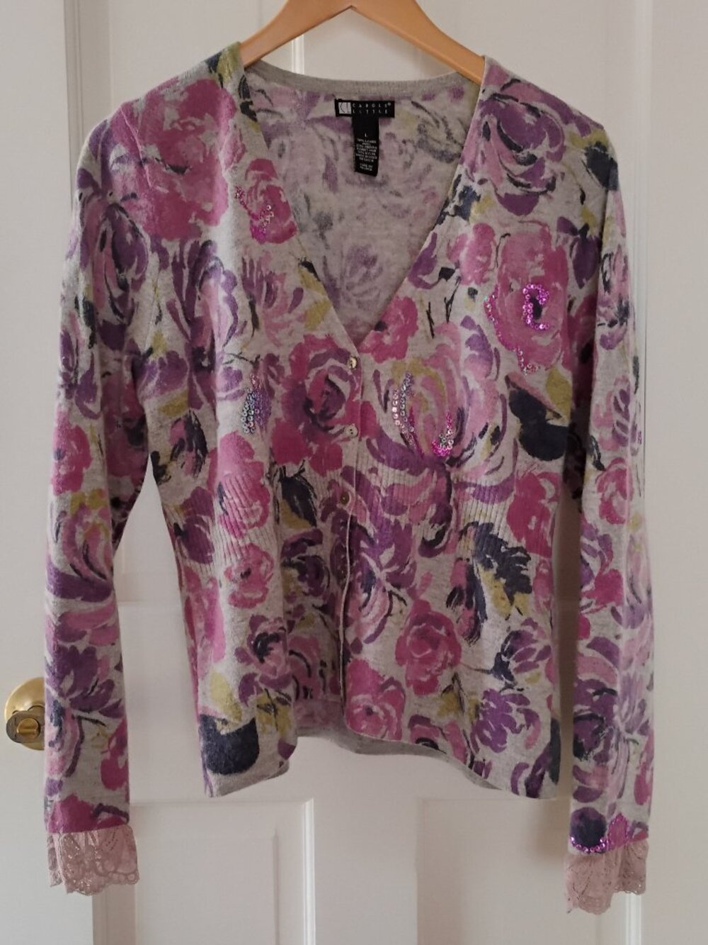 Carole Little Painterly Floral Lambswool Angora Embellished Cardigan Sz L